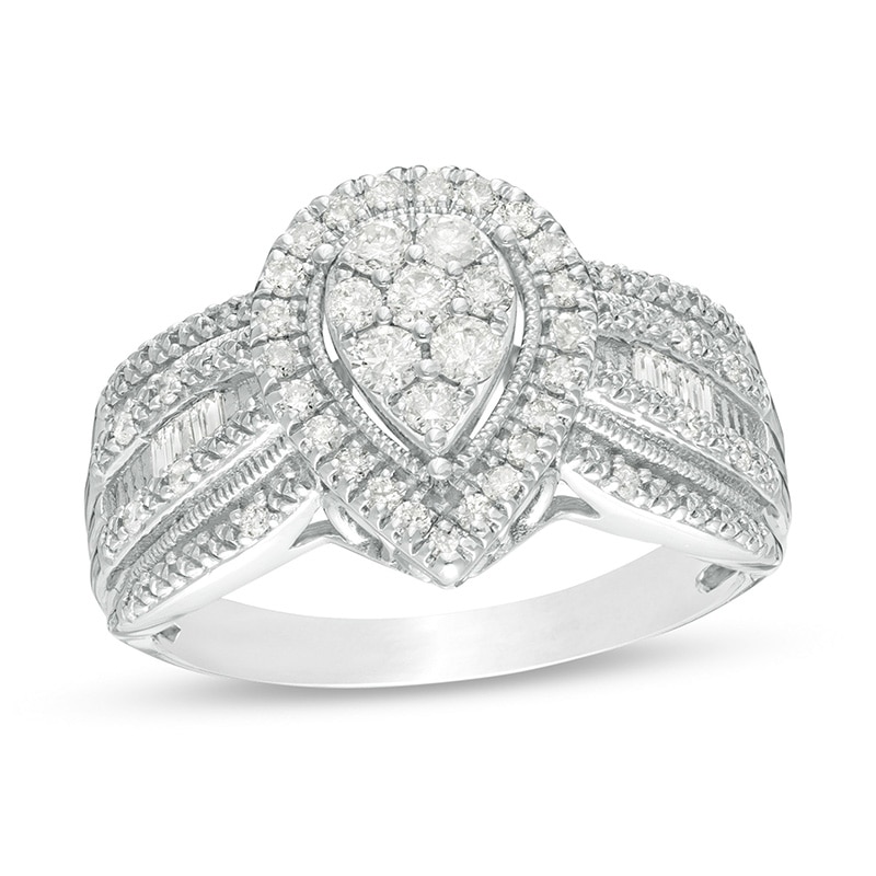 Main Image 1 of Previously Owned - 1/2 CT. T.W. Composite Diamond Pear Frame Multi-Row Engagement Ring in 10K White Gold