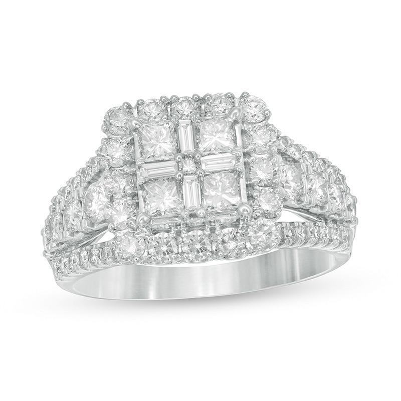 Main Image 1 of Previously Owned - 1-1/2 CT. T.W. Composite Diamond Cushion Frame Vintage-Style Engagement Ring in 14K White Gold