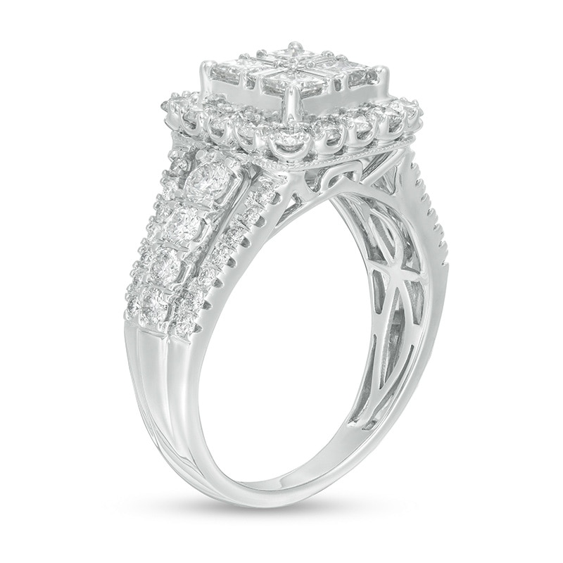 Main Image 3 of Previously Owned - 1-1/2 CT. T.W. Composite Diamond Cushion Frame Vintage-Style Engagement Ring in 14K White Gold
