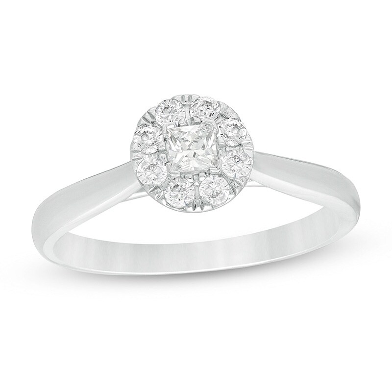 Main Image 1 of Previously Owned - 1/3 CT. T.W. Princess-Cut Diamond Round Frame Ring in 10K White Gold