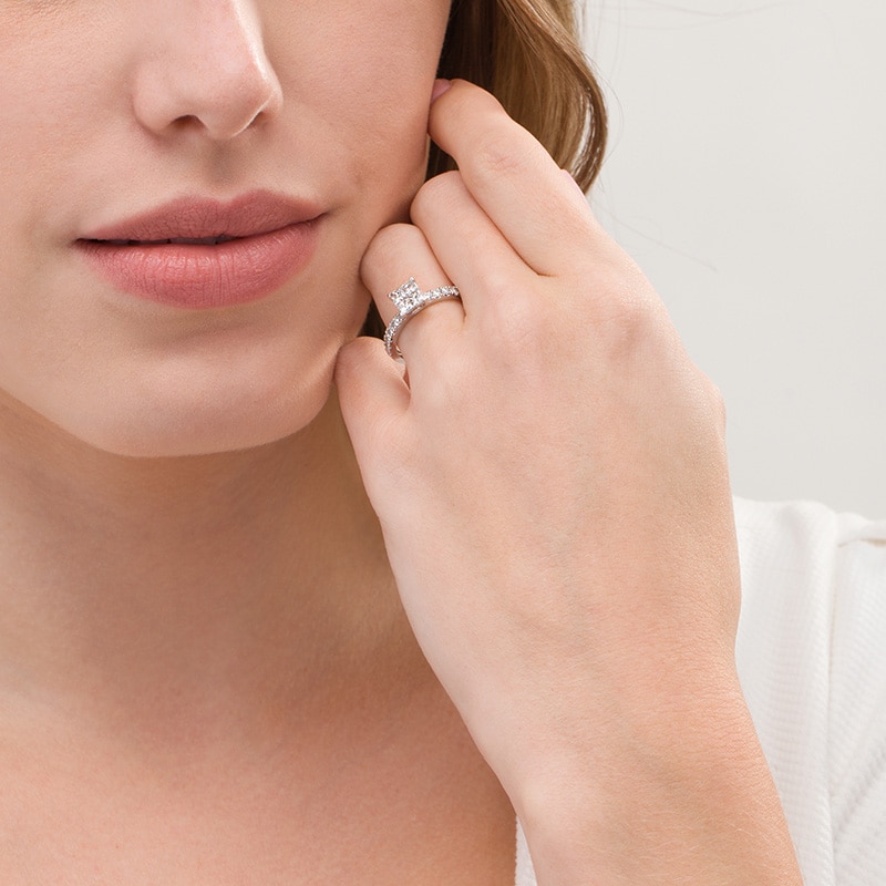 Main Image 2 of Previously Owned - 1 CT. T.W. Quad Princess-Cut Diamond Engagement Ring in 14K White Gold