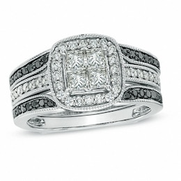 Previously Owned - 1 CT. T.W. Princess-Cut Quad Diamond Frame Bridal Set in 14K White Gold