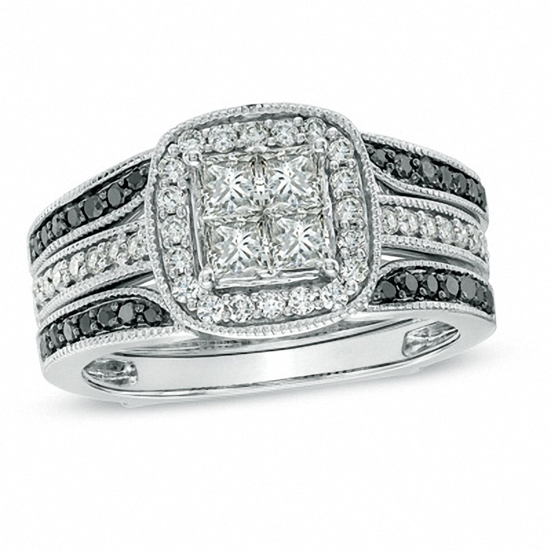 Main Image 1 of Previously Owned - 1 CT. T.W. Princess-Cut Quad Diamond Frame Bridal Set in 14K White Gold