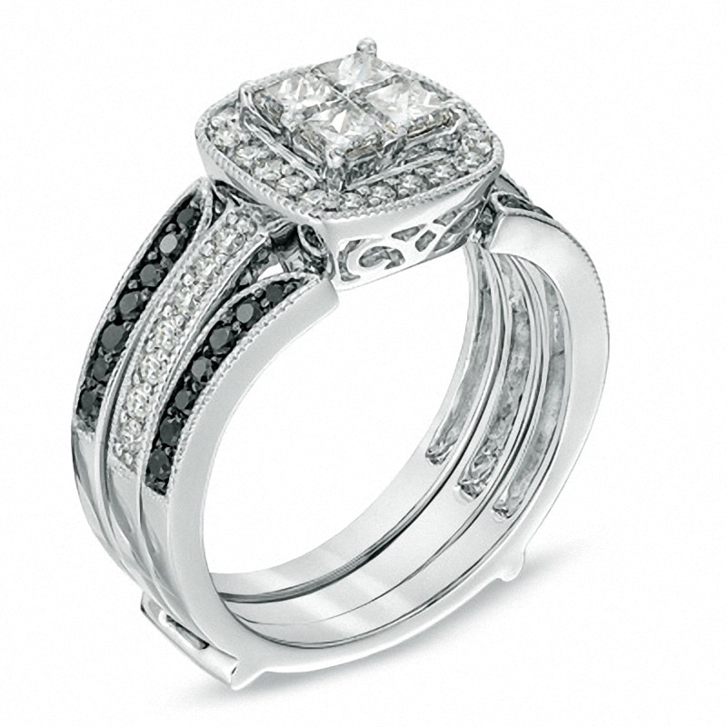 Main Image 2 of Previously Owned - 1 CT. T.W. Princess-Cut Quad Diamond Frame Bridal Set in 14K White Gold