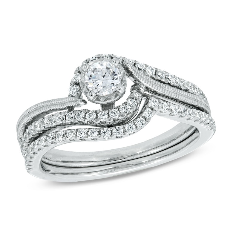 Main Image 1 of Previously Owned - 1/2 CT. T.W. Diamond Milgrain Swirl Frame Bridal Set in 10K White Gold