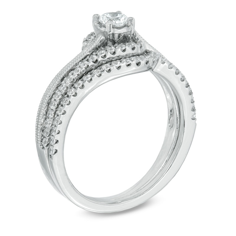Main Image 2 of Previously Owned - 1/2 CT. T.W. Diamond Milgrain Swirl Frame Bridal Set in 10K White Gold