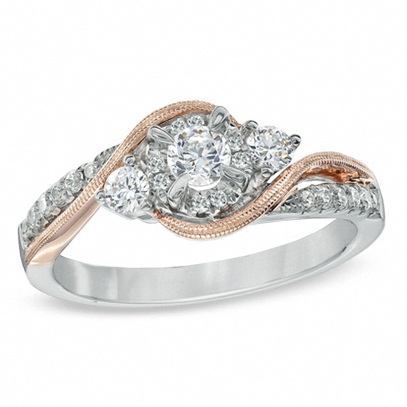 Main Image 1 of Previously Owned - 1/2 CT. T.W. Diamond Three Stone Swirl Engagement Ring in 10K Two-Tone Gold