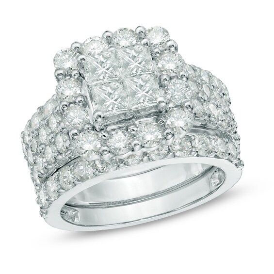 Previously Owned - 4 CT. T.w. Quad Princess-Cut Diamond Frame Bridal Set in 14K White Gold