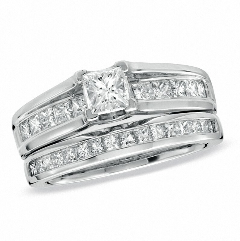 Main Image 1 of Previously Owned - 1-1/2 CT. T.W. Princess-Cut Diamond Bridge Bridal Set in 14K White Gold