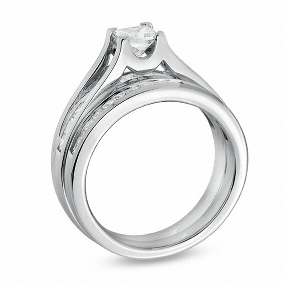 Previously Owned - 1-1/2 CT. T.w. Princess-Cut Diamond Bridge Bridal Set in 14K White Gold