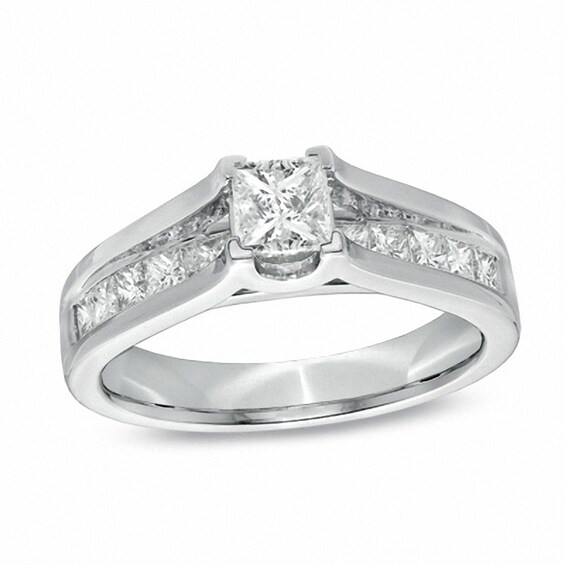 Previously Owned - 1-1/2 CT. T.w. Princess-Cut Diamond Bridge Bridal Set in 14K White Gold