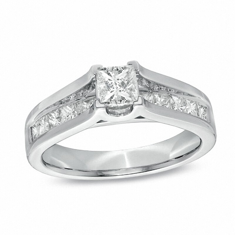 Main Image 3 of Previously Owned - 1-1/2 CT. T.W. Princess-Cut Diamond Bridge Bridal Set in 14K White Gold