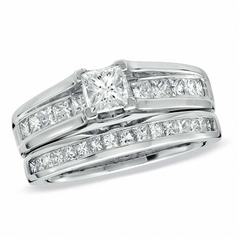 Main Image 1 of Previously Owned - 1-1/2 CT. T.W. Princess-Cut Diamond Bridge Bridal Set in 14K White Gold