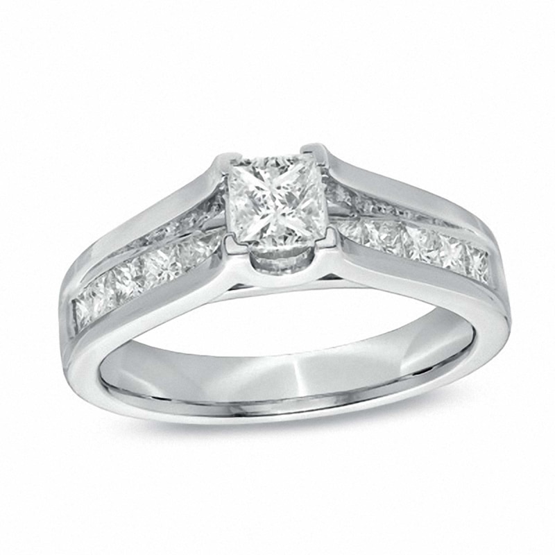 Main Image 3 of Previously Owned - 1-1/2 CT. T.W. Princess-Cut Diamond Bridge Bridal Set in 14K White Gold