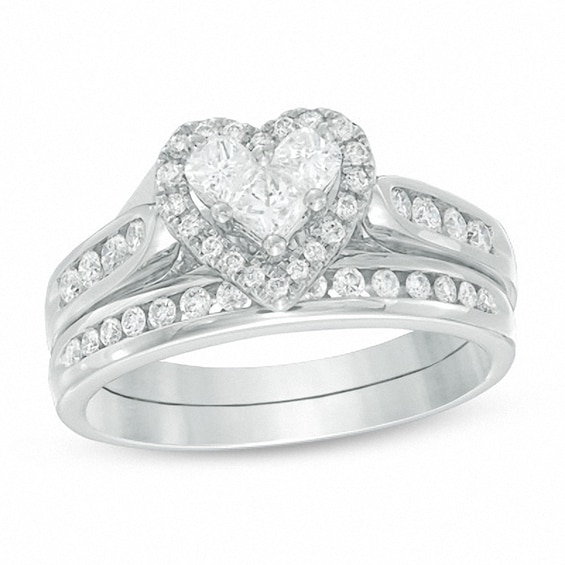 Previously Owned 3/4 CT. T.w. Diamond Heart Soldered Bridal Set in 14K White Gold