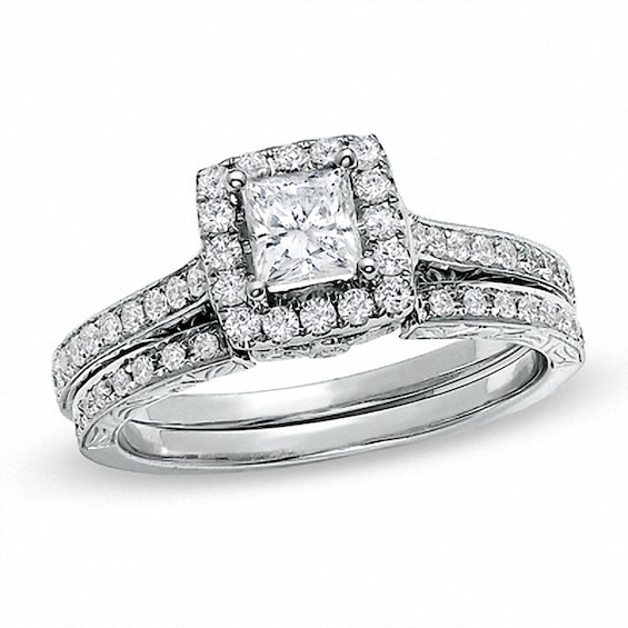 Previously Owned - Celebration LuxÂ® 1 CT. T.w. Princess-Cut Diamond Framed Bridal Set in 18K White Gold (H-I/Si1-Si2)