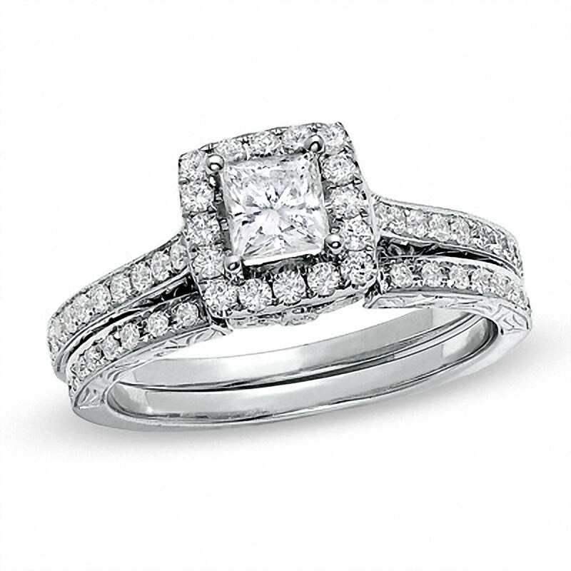 Main Image 1 of Previously Owned - Celebration Lux® 1 CT. T.W. Princess-Cut Diamond Framed Bridal Set in 18K White Gold (H-I/SI1-SI2)