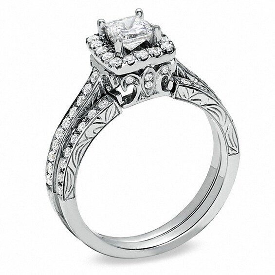 Previously Owned - Celebration LuxÂ® 1 CT. T.w. Princess-Cut Diamond Framed Bridal Set in 18K White Gold (H-I/Si1-Si2)