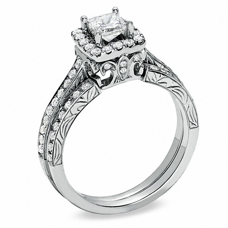 Main Image 2 of Previously Owned - Celebration Lux® 1 CT. T.W. Princess-Cut Diamond Framed Bridal Set in 18K White Gold (H-I/SI1-SI2)