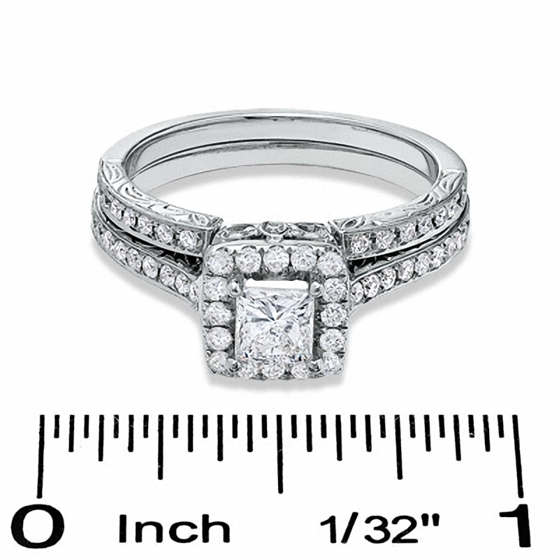 Main Image 3 of Previously Owned - Celebration Lux® 1 CT. T.W. Princess-Cut Diamond Framed Bridal Set in 18K White Gold (H-I/SI1-SI2)