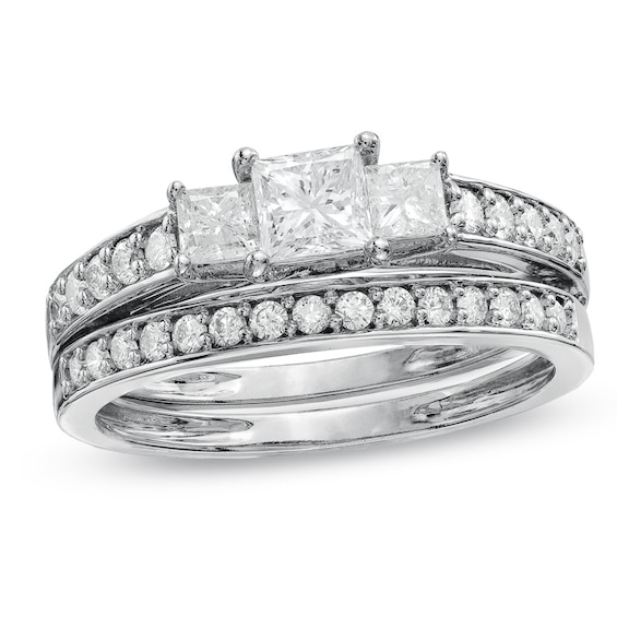 Previously Owned - 1 CT. T.w. Princess-Cut Diamond Three Stone Bridal Set in 14K White Gold
