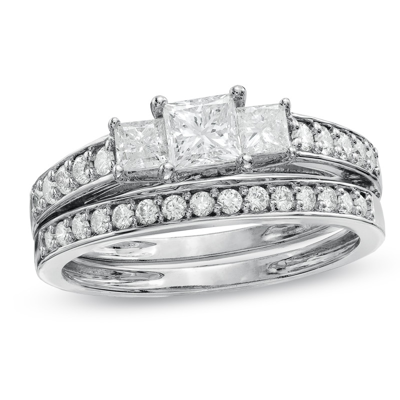 Main Image 1 of Previously Owned - 1 CT. T.W. Princess-Cut Diamond Three Stone Bridal Set in 14K White Gold