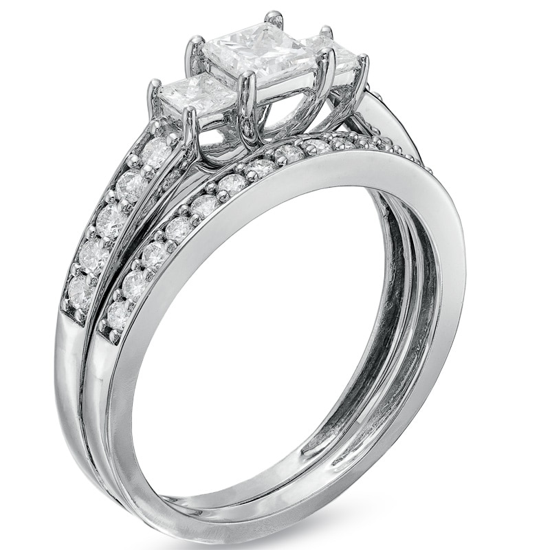 Main Image 2 of Previously Owned - 1 CT. T.W. Princess-Cut Diamond Three Stone Bridal Set in 14K White Gold