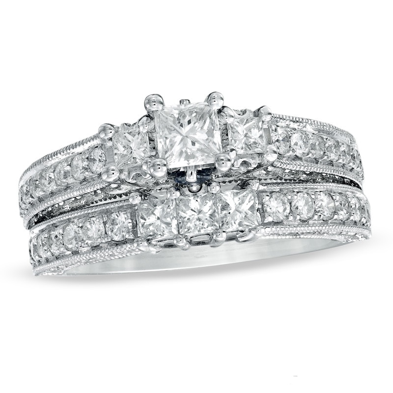 Main Image 1 of Previously Owned - Vera Wang Love Collection 2 CT. T.W. Princess-Cut Diamond Three Stone Bridal Set in 14K White Gold