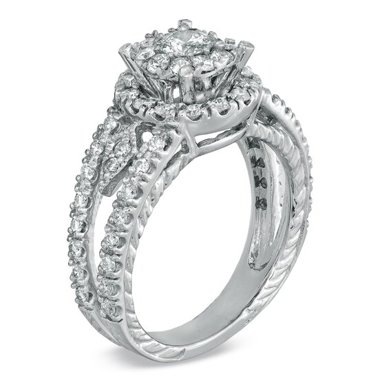Previously Owned - 1 CT. T.w. Diamond Cluster Split Shank Engagement Ring in 14K White Gold