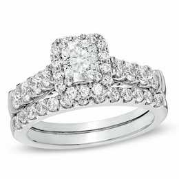 Previously Owned - 2 CT. T.W. Radiant-Cut Diamond Framed Bridal Set in 14K White Gold