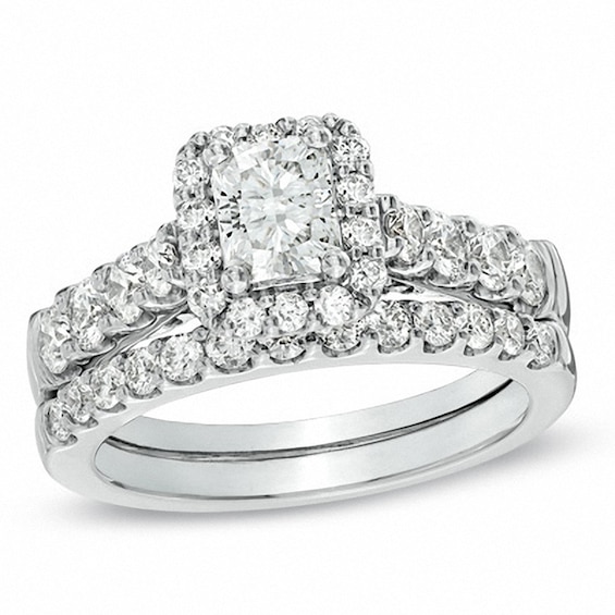 Previously Owned - 2 CT. T.w. Radiant-Cut Diamond Framed Bridal Set in 14K White Gold