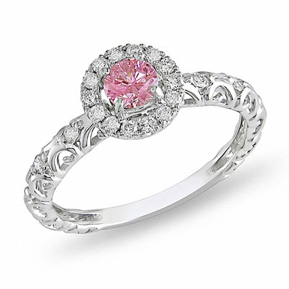 Previously Owned - 1/2 CT. T.w. Enhanced Pink and White Diamond Frame Filigree Engagement Ring in 14K White Gold