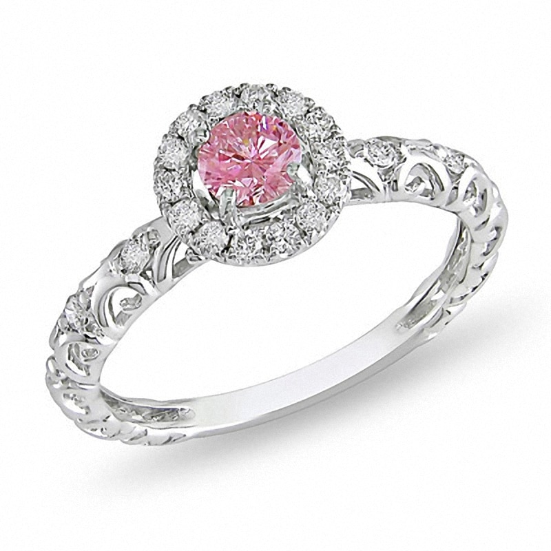 Main Image 1 of Previously Owned - 1/2 CT. T.W. Enhanced Pink and White Diamond Frame Filigree Engagement Ring in 14K White Gold