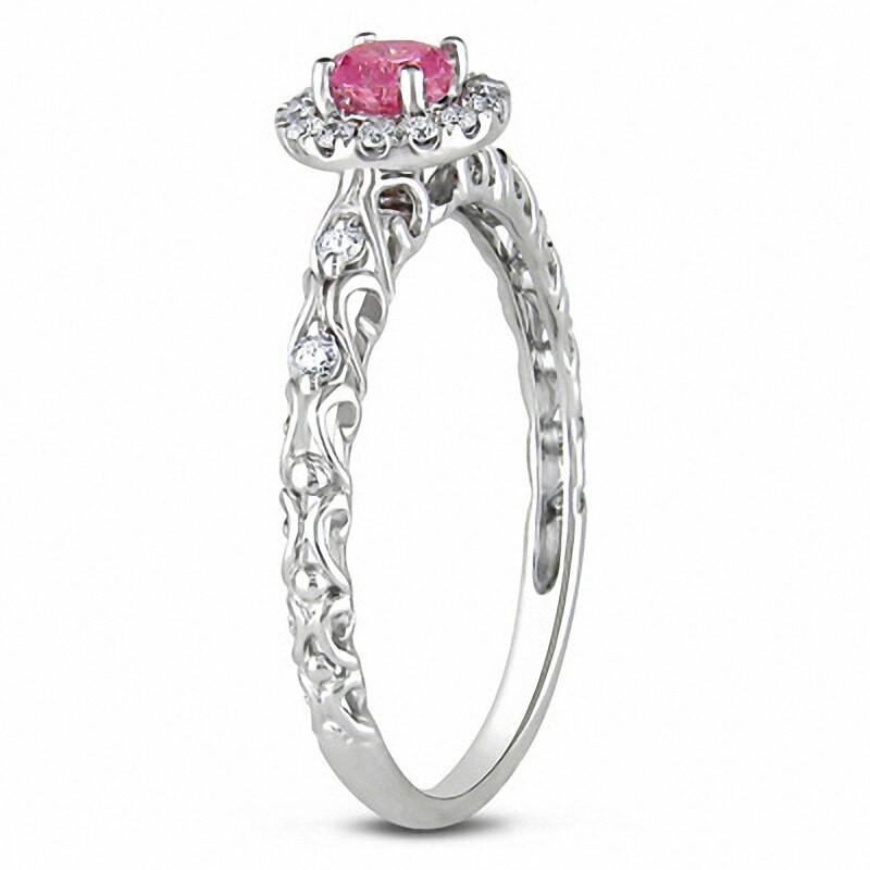 Main Image 2 of Previously Owned - 1/2 CT. T.W. Enhanced Pink and White Diamond Frame Filigree Engagement Ring in 14K White Gold