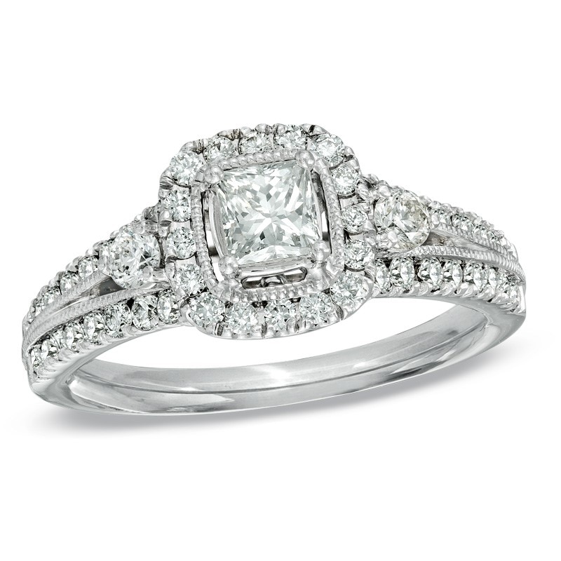 Main Image 1 of Previously Owned - Celebration Lux® 1-1/4 CT. T.W. Princess-Cut Diamond Engagement Ring in 18K White Gold (I/SI2)