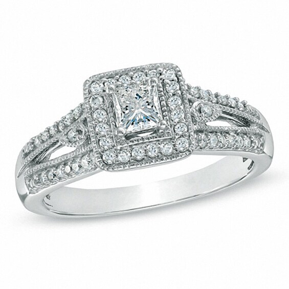 Previously Owned - 1/2 CT. T.w. Princess-Cut Diamond Vintage-Style Engagement Ring in 10K White Gold