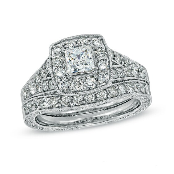 Previously Owned - Celebration Grand® 1-1/2 CT. T.w. Princess-Cut Frame Diamond Bridal Set in 14K White Gold (H-I/I1)