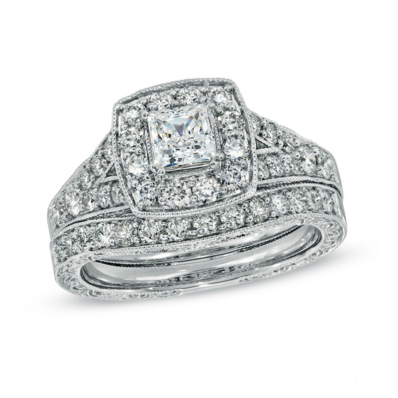 Previously Owned - Celebration Grand® 1-1/2 CT. T.W. Princess-Cut Frame Diamond Bridal Set in 14K White Gold (H-I/I1)