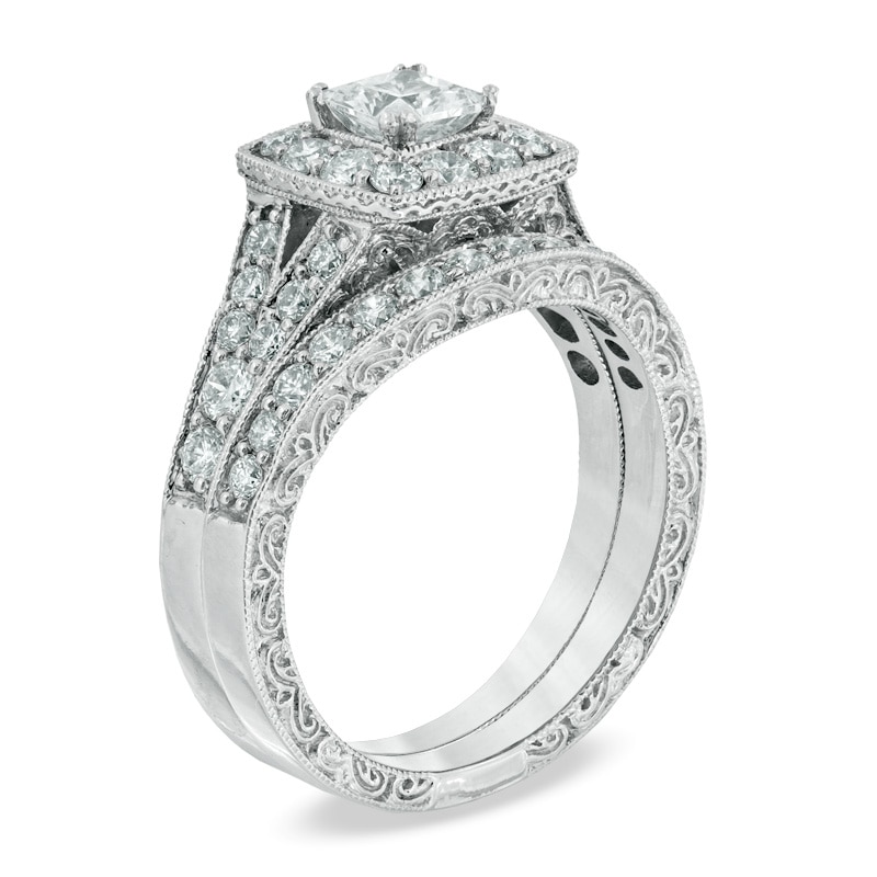 Previously Owned - Celebration Grand® 1-1/2 CT. T.W. Princess-Cut Frame Diamond Bridal Set in 14K White Gold (H-I/I1)