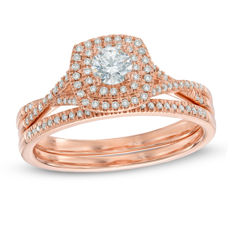 Previously Owned - 1/2 CT. T.W. Diamond Double Frame Bridal Set in 14K Rose Gold