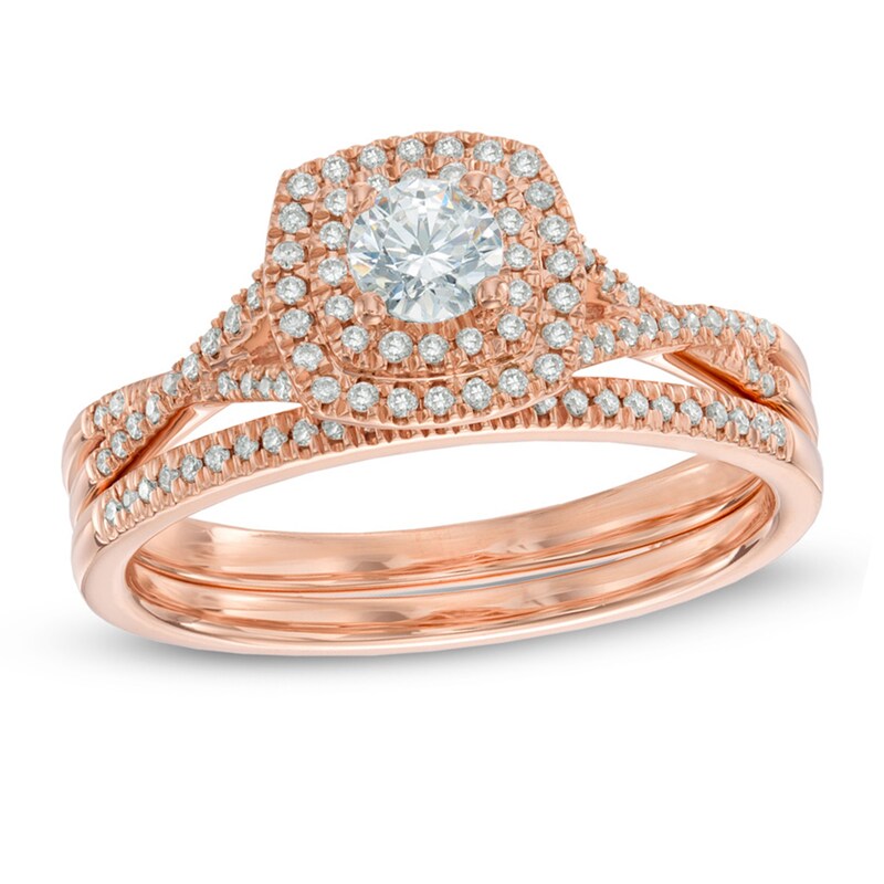 Main Image 1 of Previously Owned - 1/2 CT. T.W. Diamond Double Frame Bridal Set in 14K Rose Gold