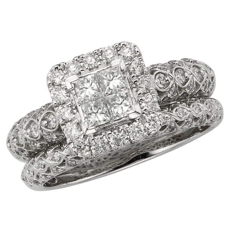 Main Image 1 of Previously Owned - 1 CT. T.W. Princess-Cut Quad Diamond Bridal Set in 14K White Gold (I/I2)