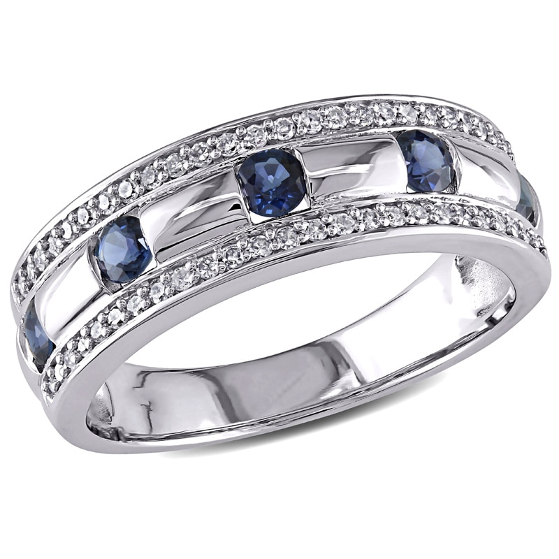 Main Image 1 of Previously Owned - Blue Sapphire and 1/4 CT. T.W. Diamond Triple Row Wedding Band in 10K White Gold
