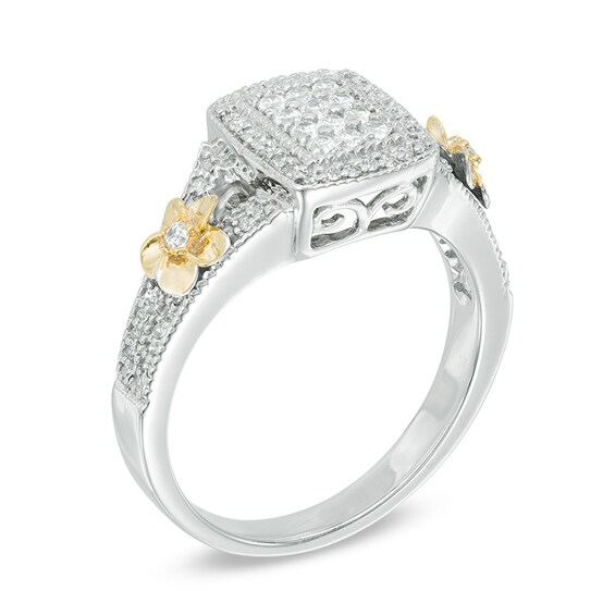 Previously Owned - 1/3 CT. T.w. Rectangular Composite Diamond Frame Double Flower Ring in 10K Two-Tone Gold