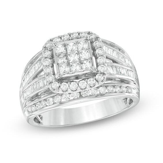 Previously Owned - 1 CT. T.w. Princess-Cut Composite Diamond Frame Split Shank Ring in 10K White Gold