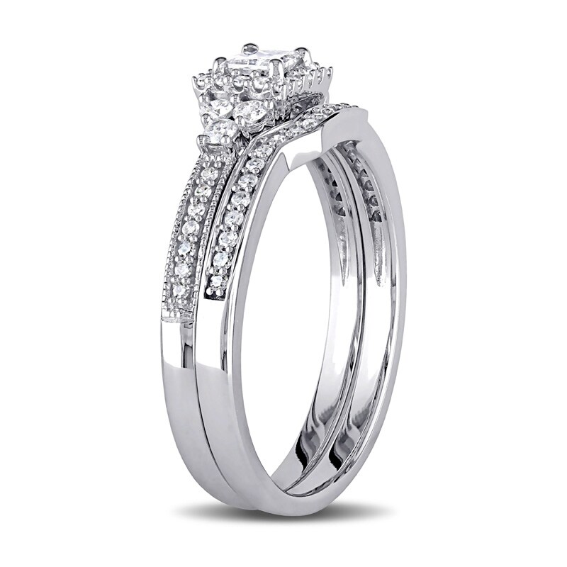 Main Image 2 of Previously Owned - 5/8 CT. T.W. Princess-Cut Diamond Frame Tri-Sides Vintage-Style Bridal Set in 14K White Gold