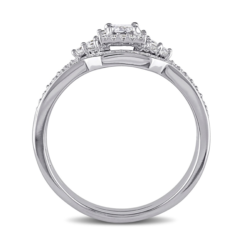 Main Image 3 of Previously Owned - 5/8 CT. T.W. Princess-Cut Diamond Frame Tri-Sides Vintage-Style Bridal Set in 14K White Gold