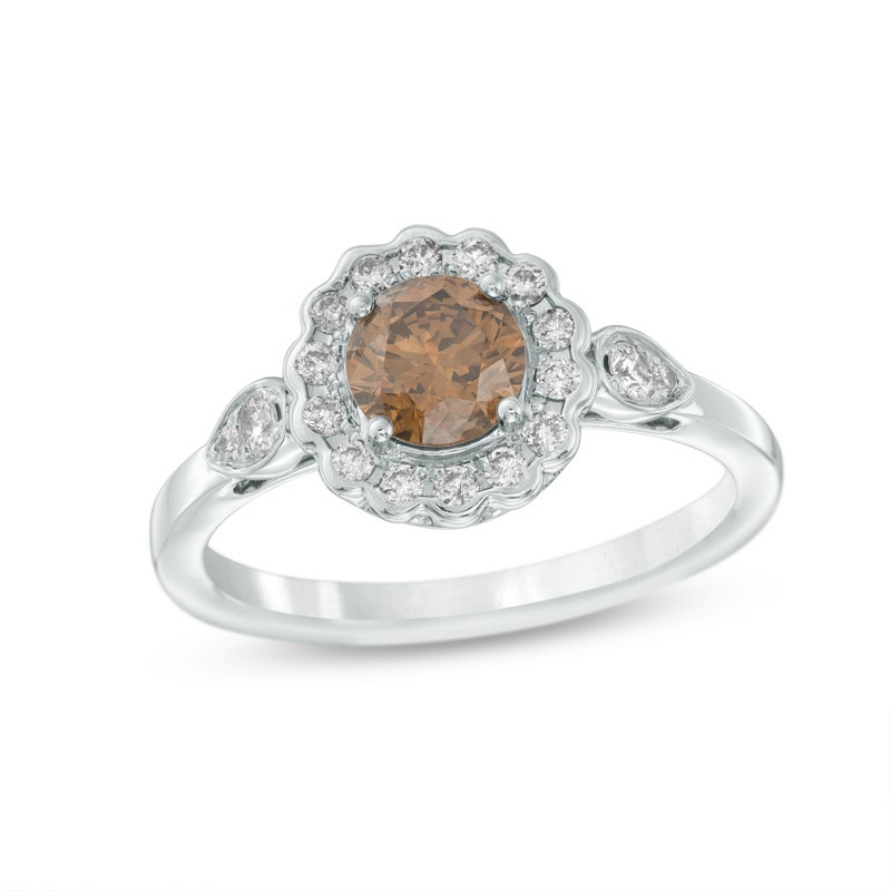 Main Image 1 of Previously Owned - 1-1/5 CT. T.W. Champagne and White Diamond Frame Engagement Ring in 14K White Gold