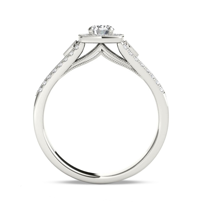 Main Image 3 of Previously Owned - 1/2 CT. T.W. Diamond Cushion Frame Split Shank Vintage-Style Engagement Ring in 14K White Gold