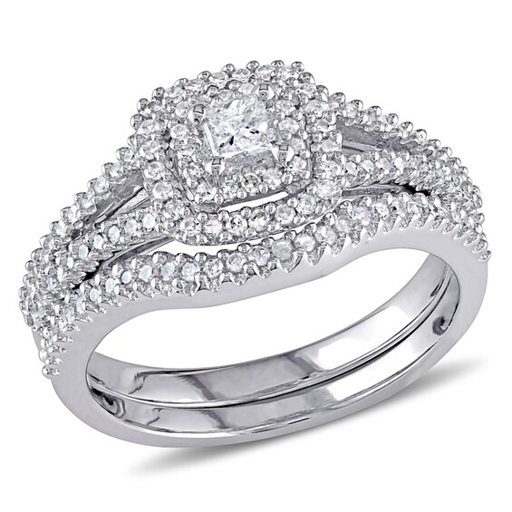 Previously Owned - 1/2 CT. T.w. Princess-Cut Diamond Double Frame Bridal Set in Sterling Silver